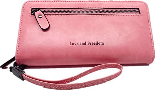 Women Leather Clutch Pink Wallet /Credit Card Cash Holder Purse with Metal Zipper