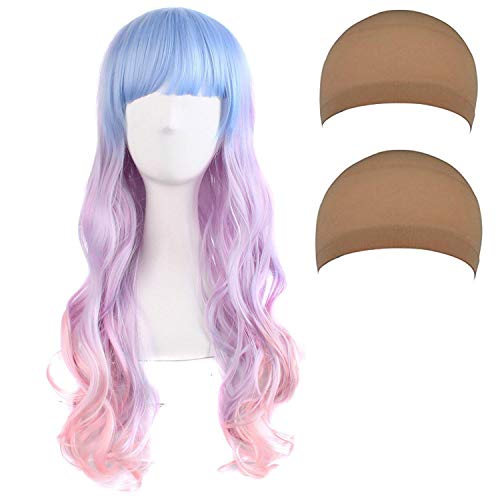 Oexper 28″ Wavy Multi-Color Lolita Cosplay Wig Long Curly Hair Party Wig for Costumes Party Hair Accessories with Free Gift 2 Pack Nude Beige Wig Caps