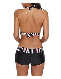 Bikini de dos piezas para dama con cuello en V profundo y parte trasera con bañador corto vintage