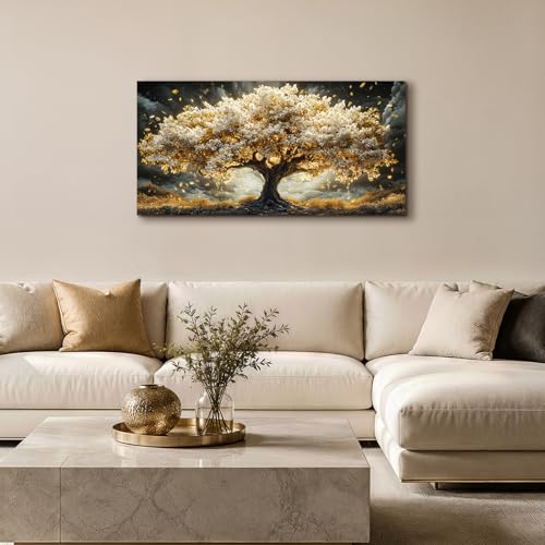 JHHUAMO Cuadros Decoracion Salon Modernos, Lienzos Decorativos Grandes, Laminas Decorativas Dorado Árbol de la Vida, Pinturas Naturaleza Artística Dormitorios Oficina Habitacion Pasillo 50x100 cm