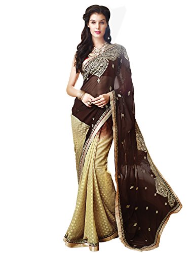 Shonaya brown georgette embroidered saree & unstitc…