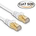 FVLFIL Cat 7 Ethernet Cable 50 ft White - Fastest Cat7 Flat Ethernet Patch Cables 10GB with Gold Plated RJ45 Connectors - Internet Network Cable for Modem Router LAN Computer Xbox