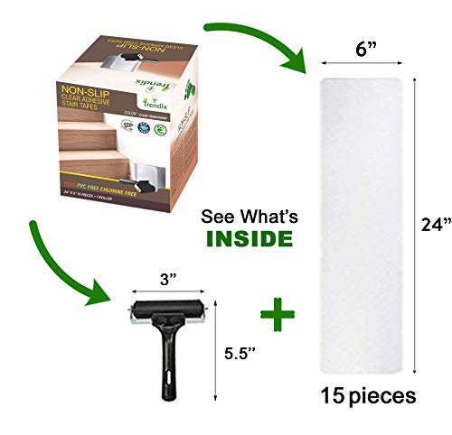 Stair Treads Non-Slip Tape Anti Skid Clear Grip Adhesive Step Cover Strips Indoor Wood Safety Floor Dog Kids Pet Waterproof Transparent PVC Free Staircase Hardwood (15 Pieces of 24x6 inches + Roller)