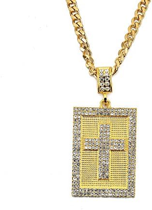 Mens Gold Tone Dog Tag Cross Mark Hip-hop Pendant Stainless Steel Necklace,30 Inch Cuba Chain