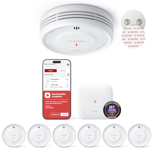 X-Sense Smart Rauchmelder WLAN mit Magnethalterung, vernetzter Feuermelder mit Basisstation SBS50, App-Funktion, Home-Assistant-kompatibel, austauschb