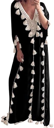 Clearance! Women's Bohemia Long Summer Beach Maxi Dresses V Neck Ethnic Style Tassel Bikini Kaftan Cover Up
