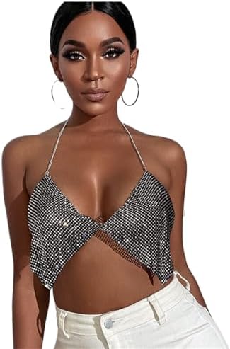 Sexy Halter Neck Rhinestone Crop Top for Women Girls Deep V