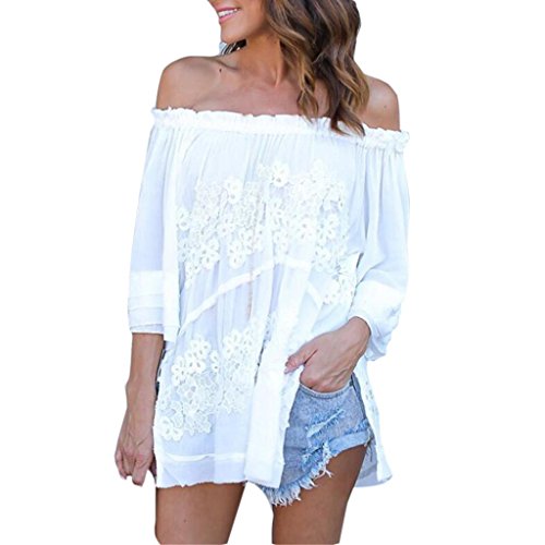 Shirt Dress, Women Long Sleeve Off Shoulder Lace Chiffon Blouse Casual Tops T-Shirt (L, White)
