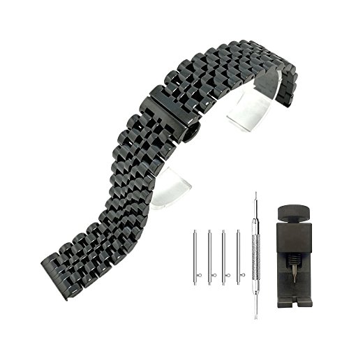 Black Metal Watch Band Stainless Steel Quick Release Bracelet Straps 7 Rows 20mm Butterfly Buckle Deployment Clasp Band Replacement