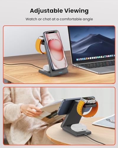 3 in 1 Wireless Charging Station, Foldable Magnetic Charger Stand for Multiple Devices, Wireless Charger for iPhone 17/16/15/14/13/12, Apple Watch 9/8/7/6/SE/5/4/3/2, AirPods 4/3/2/Pro
