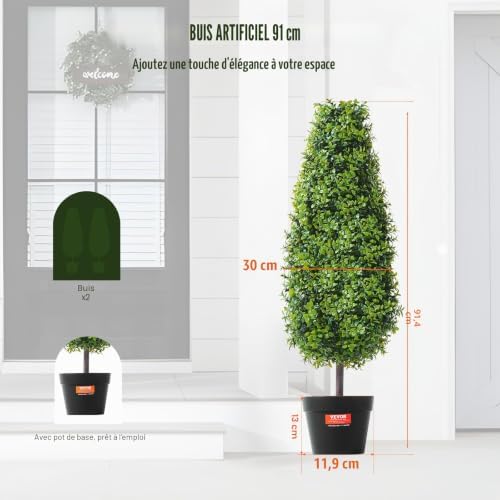 Buis Artificiel, Lot de 2, Faux Arbres Topiaires 91,4 cm avec Feuilles Supplémentaires et Pot, Résistante aux UV, Ensemble Fausse Plante Artificielle Verte pour Décoration Intérieur Extérieur