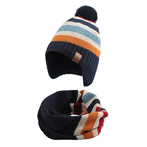Knit Striped Baby Hat Scarf Set Winter Warm Boys Girls Beanie Fleece Lining Toddler Kids Hat with Pompom (Navy Striped, M)