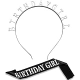 Birthday Headpiece Girl Tiara Headband Birthday Satin Sash for Party Decorations Supplies (Silvery)