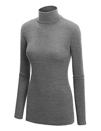 WT950 Womens Long Sleeve Rib Turtleneck Top Pullover Sweater L Heather_Dark_Grey