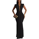 WOKANSE Formal Dresses for Women Sexy Sleeveless Deep V Neck Ruched Bodycon Party Evening Gown Maxi Dress