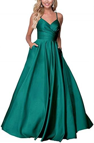 KAOSHAN Long Prom Dress Satin V Neck 2019 Beaded Spaghetti Straps A-line Evening Gown with Pockets