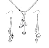 ISAACSONG.DESIGN 925 Sterling Silver Beaded Tassel Y-Shape Necklace and Dangle Drop Earring Bridal Wedding Jewelry Set for Women (Beaded Tassel Necklace and Earring 2pcs Set)