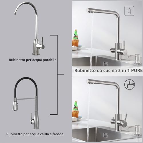 CECIPA PURE-I 3 Way Kitchen Tap with Two Water Outlets: Filtered Water and Hot/Cold Water - 360° Swivel Spout Brushed 304 Stainless Steel