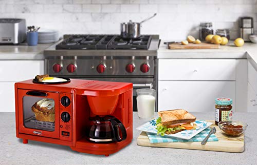 Maxi-Matic EBK-200R Coffee Maker Toaster Oven Griddle 3-in-1 Multi-function Breakfast Center, Regular, Red