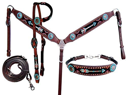 Showman 4 pc Teal Red Beaded Arrow Leather Horse Bridle Breast Collar Wither Strap