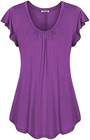 ZJFZML Tunic Shirts For Women Juniors Scoop Collar Short Sleeve Flowy Flared Tees Lightweight Fashionable Basic Tops and Blouses Elegant Clothing Purple M