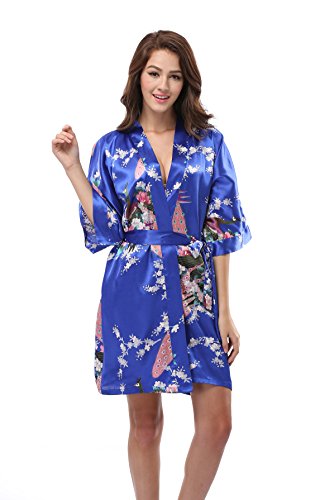 Luvrobes Women's Satin Kimono Robe, Peacock Design, Short (S, Sapphire)