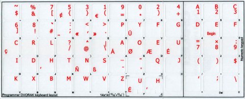 DVORAK PROGRAMMER KEYBOARD LABELS LAYOUT ON TRANSPARENT BACKGROUND WITH BLUE, ORANGE, RED, WHITE OR YELLOW LETTERING (14X14) (Red)