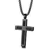 JO WISDOM Cross Necklace 316L Stainless Steel Titanium Steel Cross Crucifix Pendant Black Color Religious Jewelry for Men and Women with 24 Inch Pearl Chain 3 MM
