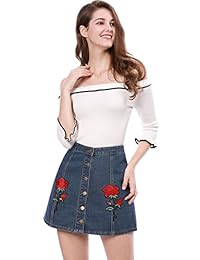 Falda vaquera para dama, con botones bordados y flores, estilo occidental, de tela vaquera