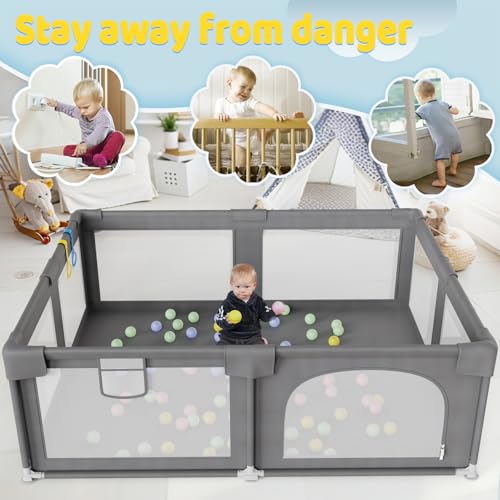 Palopalo Baby Playpen, 70"x59" Extra Large Playard for Babies and Toddlers, Non-Foldable and Big Baby Activity Center, Infants Play Pen with Gate and Soft Breathable Mesh, Ideal for First-time Mom