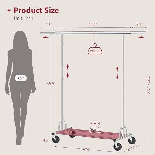 Tajsoon Clothing Rack Heavy Duty Clothes Rack Load 350 LBS, Rolling Clothes Racks for Hanging Clothes with Wheels & Extendable Rod, Collapsible Garment Rack with Bottom Shelf, Commercial, Chrome