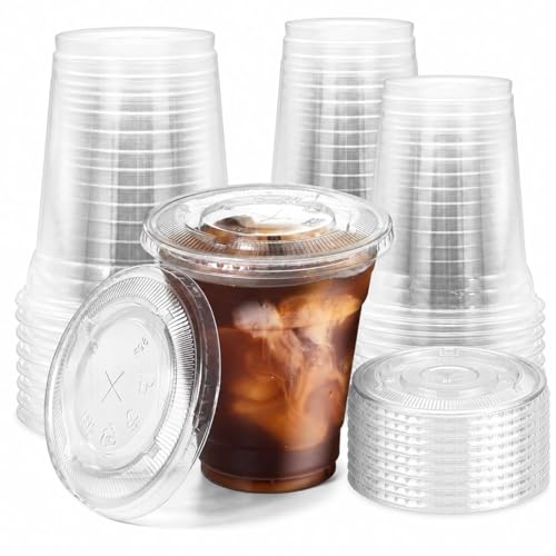 Disposable Clear Cup 100 Pack 8 oz Plastic Iced Coffee Cups with Flat Lids, Disposable Clear Cup, BPA Free Cup for Party, Smoothie, Cold Drinks, Juice, Milkshake, Tea