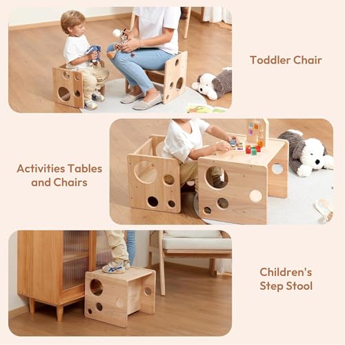 AM ANNA Montessori Wooden Table and Chair Set, Kids Natural Wood Construction, Kids Activity Desk with Storage, 38x36x33cm Table and 31x30x28cm Chair