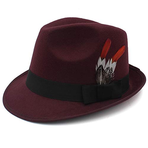 England Fedora Hat, Feather Black Gentleman Hat,Wedding Hat, Bride Groom Hat, Retro Jazz Hat For Men And Women, by jdon-hats, (Color : Dark Red, Size : 56-58cm) - Thumbnail 3