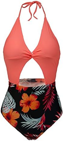 Yzan Women's Deep V Neck Swimsuit Halter One Piece Backless Bikinis Cutout Bathing suit,Orange,Small