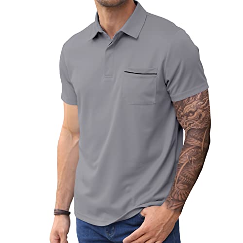 LEXIART MENS ATHLETIC GOLF POLO SHIRTS – SHORT SLEEVE WORKOUT POLOS QUICK DRY T-SHIRT GREY