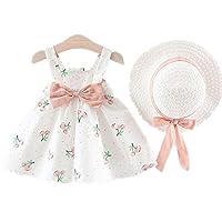 2PCS Baby Dress Girl Outfit Clothes Cotton Floral Vest Dress+Sun Hat Set (Pink, 12-18 Months)