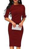 Women's Business Vintage Dress with Pleated Detail Elebow Sleeve Cocktail Dress Wine Red X-Large