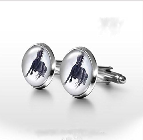 Black Horse Cufflinks,Horse Cufflinks,Beautiful Horse Cuff Links,Glass Round Silver Cufflinks,Art Picture Jewelry,Charm Jewelry,Shirt Cufflinks