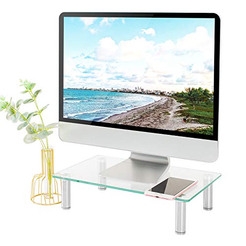 5Rcom Computer Monitor Stand Clear Tempered Glass Laptop Riser,Multi Desktop Stand with Height Adjustable Legs for Flat Screen LCD LED TV, Laptop/Notebook