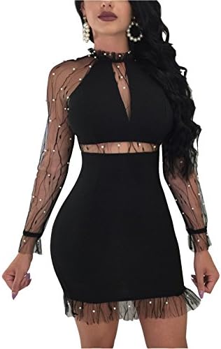 WentShopping Women Long Mesh Sleeve Drills Knitted Sexy Evening Party Dress