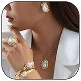IQPDYV Baroque Pearl Necklace Earrings Bracelet Ring Jewelry Set for Women Irregular Pearl 4Pcs Jewelry Set Chunky Gold Pearls Cuff Bracelet Wedding Prom Jewelry Sets Gift