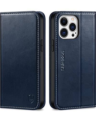 SHIELDON Case for iPhone 13 Pro Max, Genuine Leather Wallet Folio Kickstand RFID Blocking Card Holder Magnetic Protection Cover Compatible with iPhone 13 Pro Max 6.7" - Retro Dark Blue