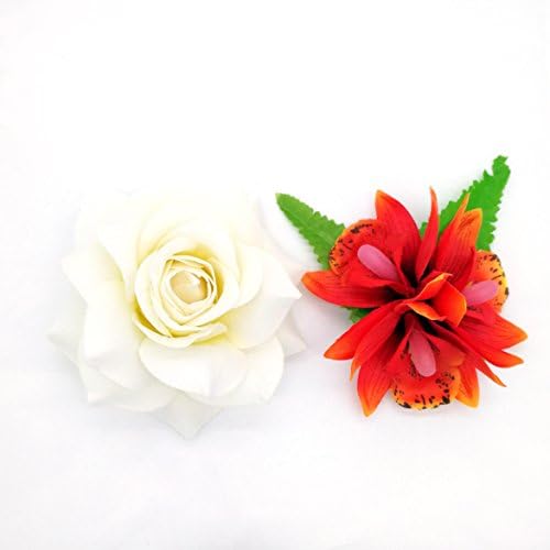 YOUBAMI Hawaiian Orchid Flower Velvet Rose Flower Hair Clips Hair Barrette And Pin For Bridal Wedding Party Beach Festivals Women Girls Accessories Pack Of 2 Pcs (White Rose And Red Orchid)