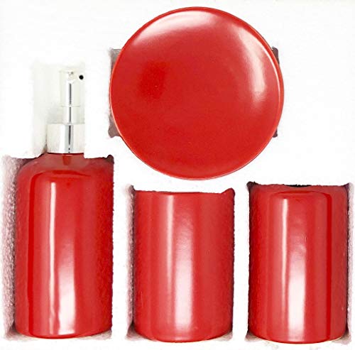WPM 4 Piece Ceramic Bath Accessory Set | Includes Bathroom Designer Soap or Lotion Dispenser w/Toothbrush Holder, Tumbler, Soap Dish Choose from Purple, Black, Brown, Navy or Red Burgundy (Red)