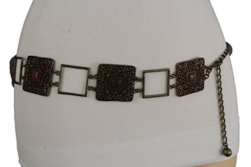 TFJ Women Fashion Bohemian Belt Hip Waist Vintage Gold Metal Charms Brown Beads S M L