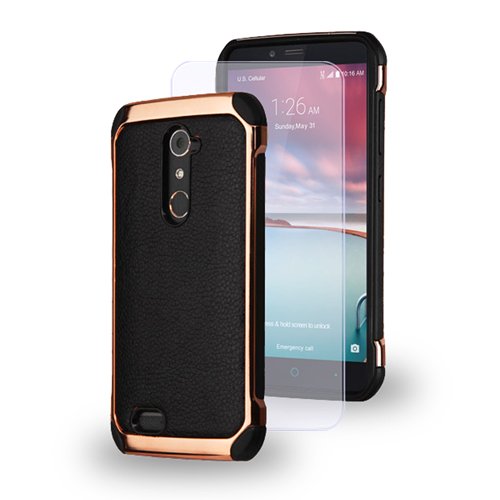 ZTE ZMAX PRO Case, Bicast Leather Hybrid, LUXCA [Slim Fit] [Heavy Duty] Polycarbonate and Silicone TPU Cover with Tempered Glass Screen Protector (Black)
