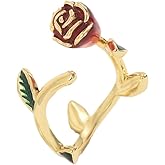 Red Rose Flower Open Stacking Ring for Women Minimalist Enamel Elegant Floral Leaf Wrap Finger Band Wedding Statement Rings Engagement Promise Bands Adjustable Fashion Jewelry for Her Valentines