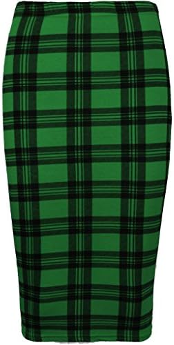 WOMEN’S PRINTED STRETCHY ELASTIC WAIST OFFICE BODYCON MIDI PINCIL TUBE SKIRT Skirt Green Tartan XL