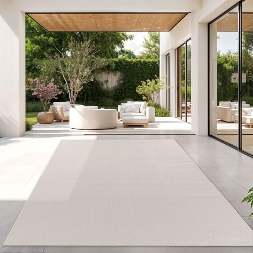 TT Home Teppich Für Outdoor Wetterfest Küchenteppich Balkon Terrasse Unifarbenes Design Modern, Farbe: Elfenbein, Größe:200 cm Quadrat